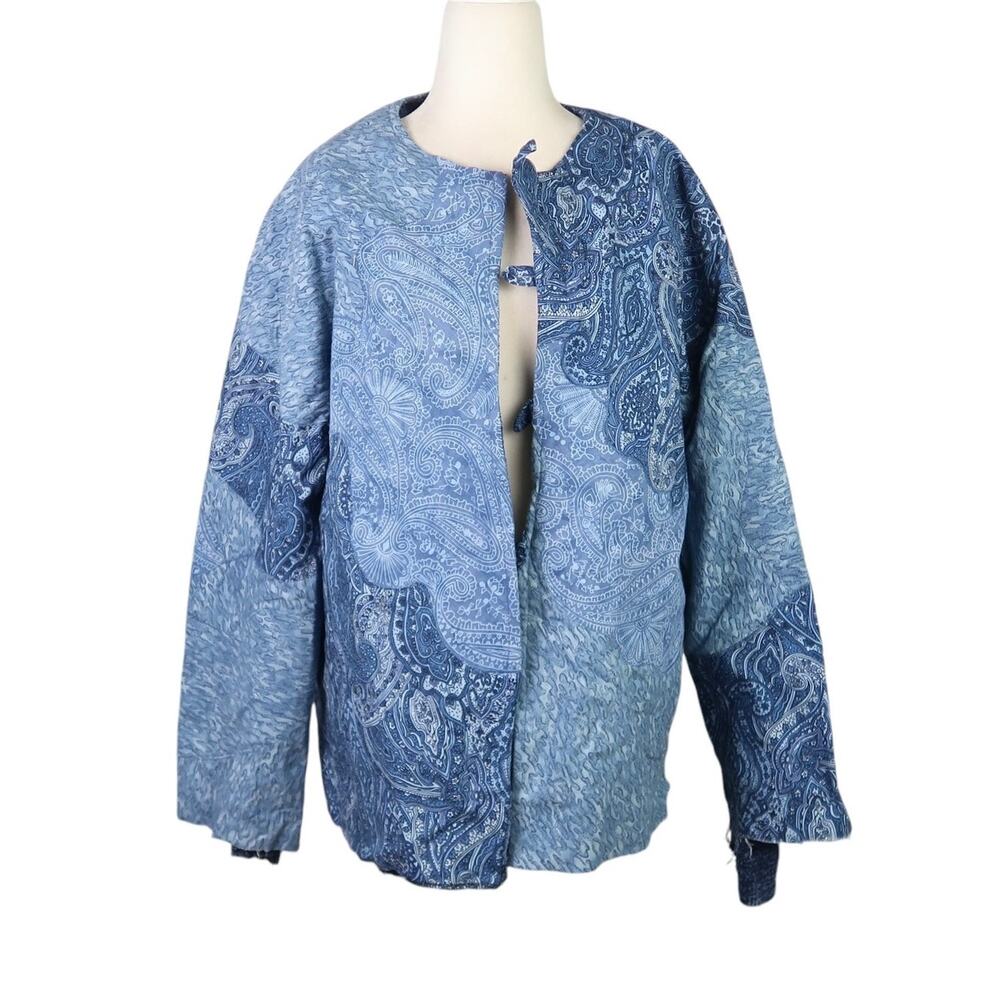 Vintage blue and navy paisley print chenille lined jacket L